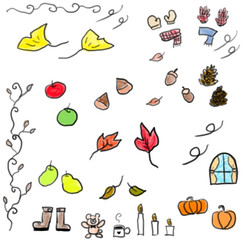 秋のイラスト素材、落ち葉、栗、どんぐり、松ぼっくり、カボチャ、手袋、マフラー、イチョウ、テディベア、マグカップセット(カラー)