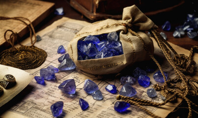 Fototapeta na wymiar Tanzanite crystals on the table with the gemstones bag