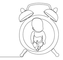One continuous line of Alarm Clock and baby child. Thin Line Illustration vector concept. Contour Drawing Creative ideas.