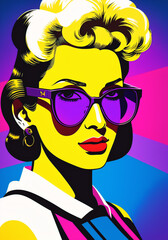 Fototapeta na wymiar A woman with sunglasses, a pop art painting. Generative AI.