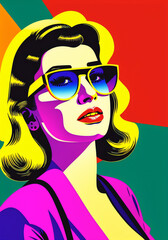 A woman with sunglasses, a pop art painting. Generative AI.