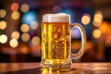 Indulge in a refreshing cold beer served in a mug at a vibrant bar for the ultimate cocktail experience.