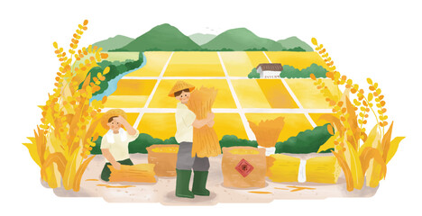 Farmers tying stalks into sheaves