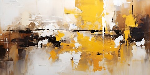 Abstract painting of yellow paint and black brush strokes in white and yellow style