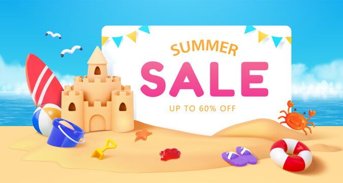 3D beach summer sale poster