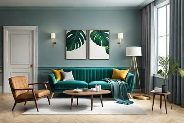 contemporary interior design for 3 poster frame in mock living room with green sofa, wooden pots and floor lamp, template, 3d render.