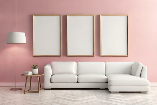 three wooden frames on pink and white wall, frame mockup, 3d render, 3d illustration