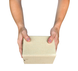 Hand holding paper box give gift isolated