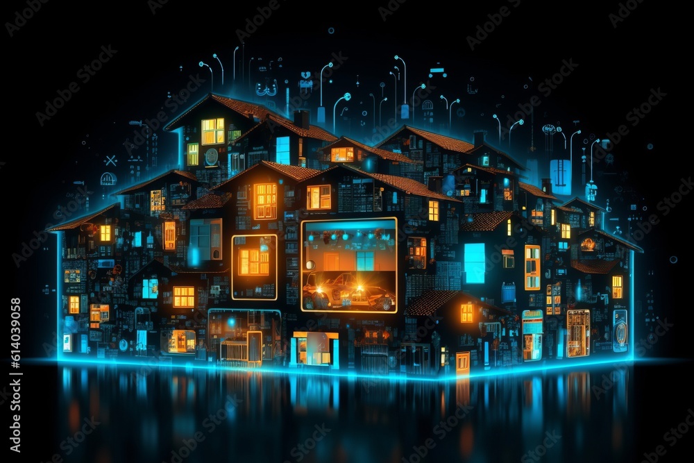 Fototapete Developing a digital network for smart homes and cities. smart citi and network communication concepts. Generative AI