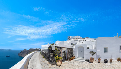 Greece Islands, scenic panoramic sea views of Santorini island from top outlook of Fira village.