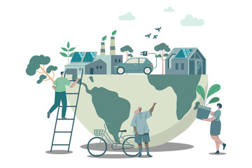 Eco friendly sustainable, People help take care and make this world a better place, climate change problem concepts. Vector design illustration. - obrazy, fototapety, plakaty