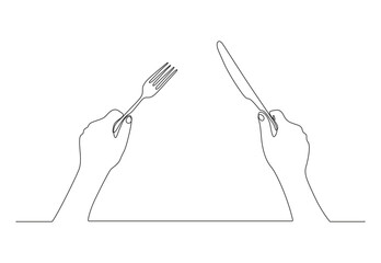  Continuous line drawing of a hand holding a fork and knife dining table concept vector illustration. Premium vector.