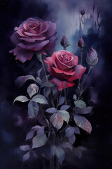 Watercolor composition with pink rose and  dark gray leaves. AI generation