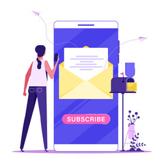 Woman subscribing to newsletter from phone. Concept of subscribe newsletter service, subscription,...