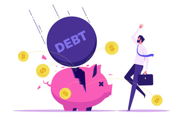 Debt and loan problem, financial mistake, bankruptcy concept, metal balls with debt word breaking piggy bank
