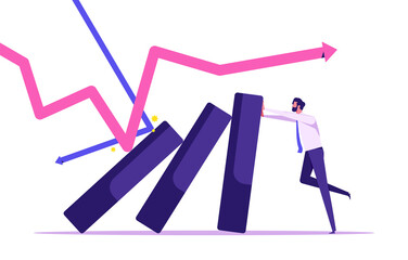 Dealing investment risks, stock market crash. Economic recession, lost capital. Businessman trying to prevent the bar chart from falling down