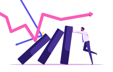 Dealing investment risks, stock market crash. Economic recession, lost capital. Businessman trying to prevent the bar chart from falling down