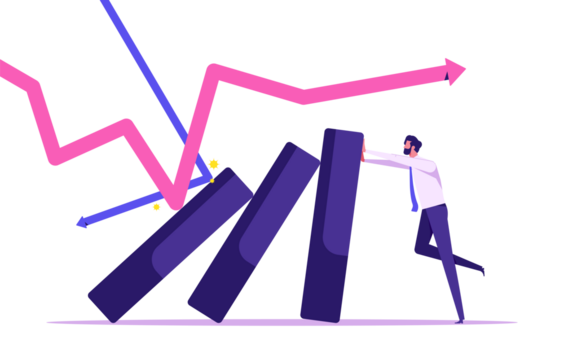 Dealing investment risks, stock market crash. Economic recession, lost capital. Businessman trying to prevent the bar chart from falling down