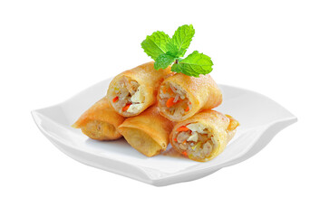 Fried Chinese Traditional Spring rolls food in ceramic plate (beautiful shape) on transparent png