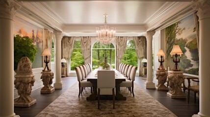 The interior design of classic dining room in luxury mansion with nature view. Generative AI AIG27.