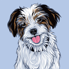 Portrait of a cute cheerful dog on a blue background. Vector illustration.