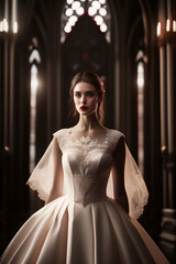 A beautiful brunette bride in the church and facing the camera. Generative AI_13.