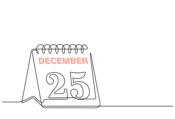Continuous line drawing of calendar icon day with December 25th. calendar icon in single line doodle style. Christmas Day. Love. Date. 25th Date calendar icon, vector illustration eps10