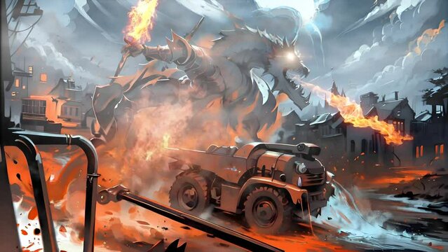 Footage Animated, A devastating dragon creature with a fiery sword and blazing breath lays waste to human settlements, leaving behind a landscape resembling a scorched inferno