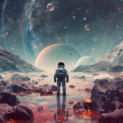Fototapeta premium Astronaut exploring fantasy planet, night sky on background. AI Generative