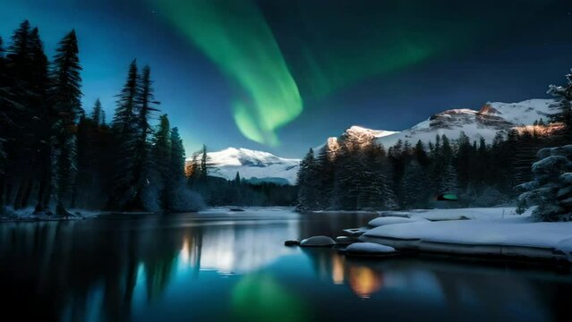Aurora in the European highlands, in the winter mountains, lakes and forests with the beauty of a clear sky has the beauty of nature, great for business, blogs, presentations, websites, advertisements