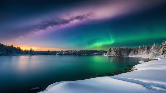 Aurora in the European highlands, in the winter mountains, lakes and forests with the beauty of a clear sky has the beauty of nature, great for business, blogs, presentations, websites, advertisements