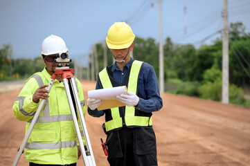 Asian surveyor engineer two people checking level of soil with Surveyor's Telescope equipment to measure leveling for cut and fill, started leveling the ground at the highway road construction site.