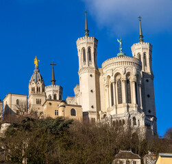 Fototapeta na wymiar Basilica of Notre Dame Outside From Downtown Lyon France