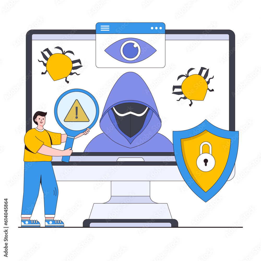 Poster cyber threat detection vector illustration concept with characters. malware detection, real-time thr