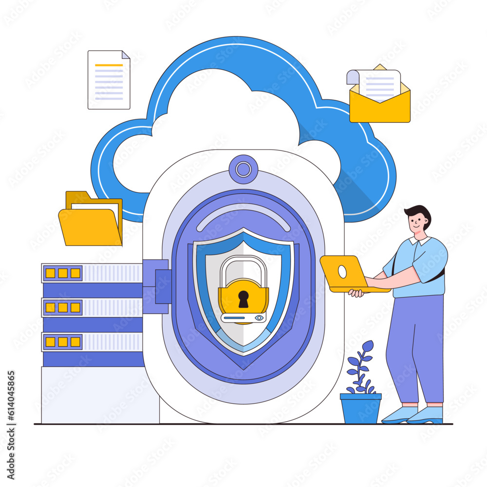 Poster secure cloud storage vector illustration concept with characters. data backup, encrypted cloud stora