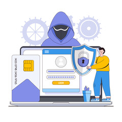 Identity theft protection vector illustration concept with characters. Identity fraud prevention, secure personal information, digital identity safety. Modern flat style for landing page, infographic