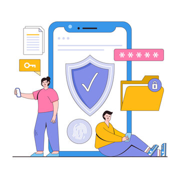 Mobile app security vector illustration concept with characters. App permissions, secure app access, mobile device safety. Modern flat style for landing page, web banner, infographics, hero images