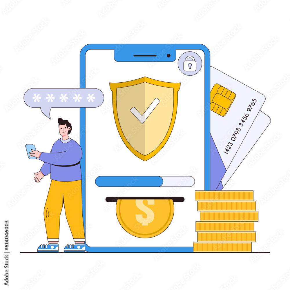 Poster secure mobile transactions vector illustration concept with characters. mobile payment security, sec