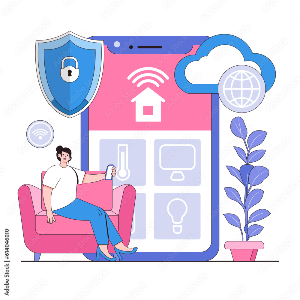 Poster iot security vector illustration concept with characters. secure smart devices, connected home safet