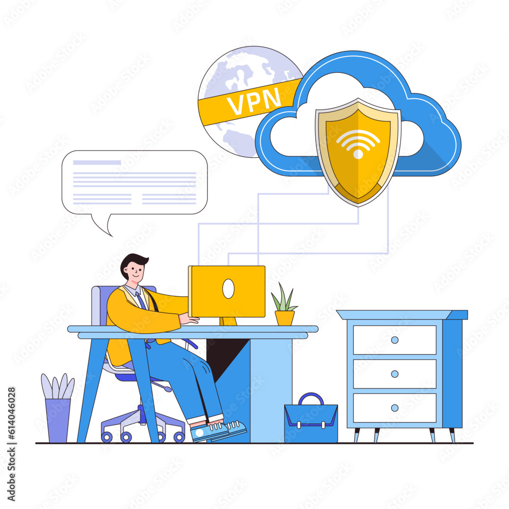 Poster secure remote work vector illustration concept with characters. remote access security, vpn usage, s
