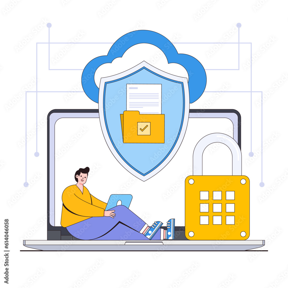 Poster secure file sharing vector illustration concept with characters. encrypted file transfer, secure clo