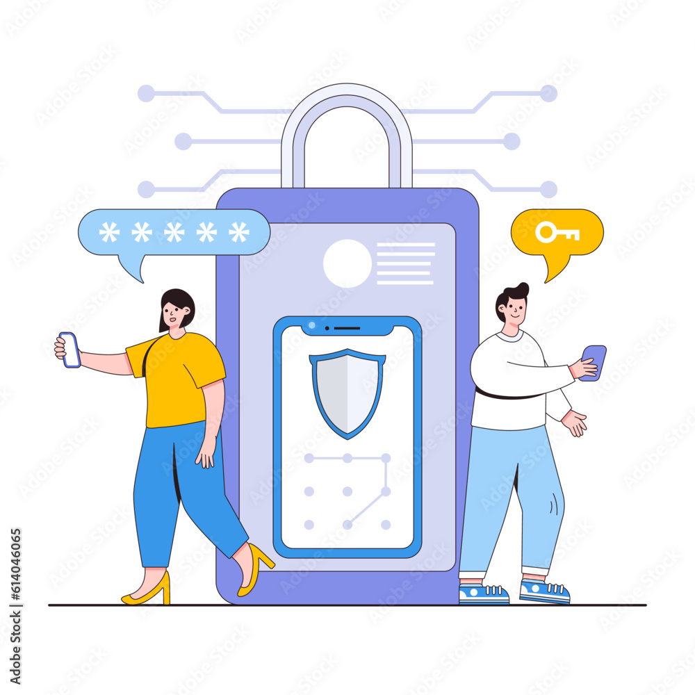 Aufkleber mobile device security vector illustration concept with characters. device encryption, secure lock s