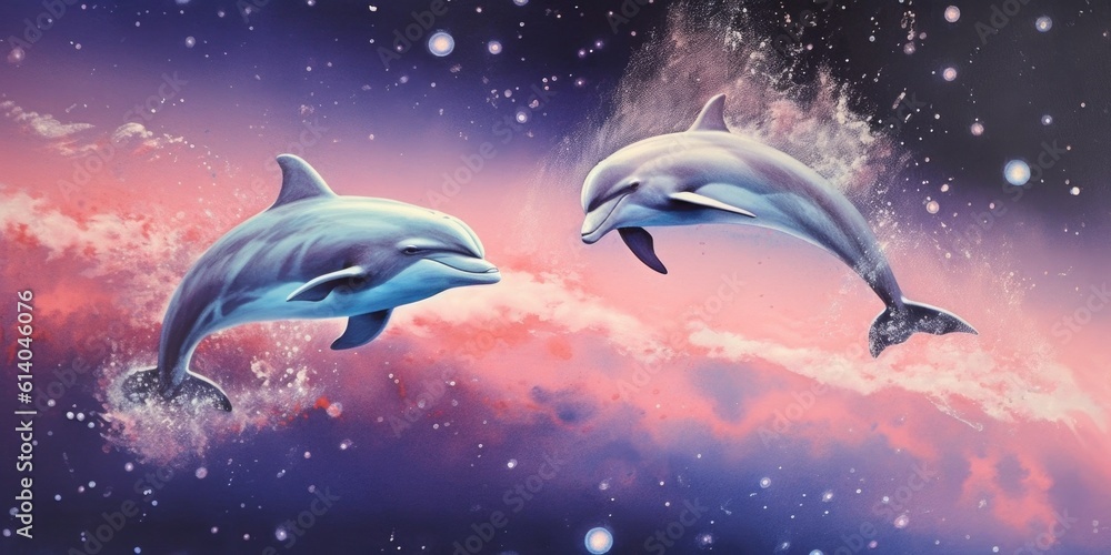 Poster an airbrush painting of 1980s dolphins floating in minimal space style. generative ai aig27.