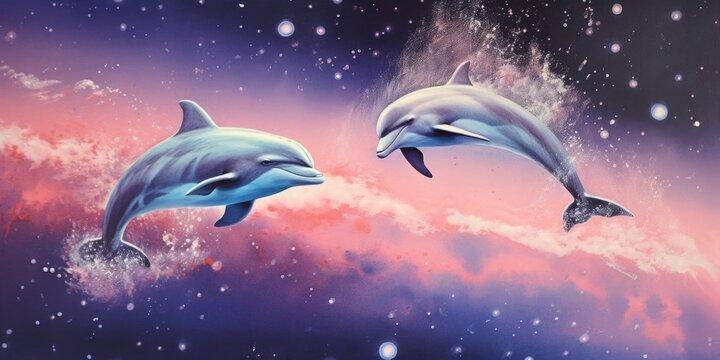An airbrush painting of 1980s dolphins floating in minimal space style. Generative AI AIG27.