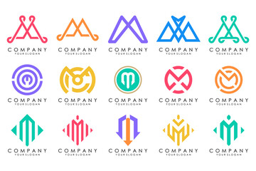 Set of letter M logo design vector. Collection of modern M letter design in colorful.