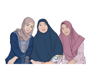 Muslim girl family hand drawn illustration. Beautiful woman dressed beautifully with hijab. Beautiful Muslim woman wearing hijab.