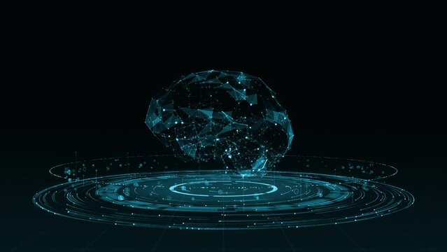 Motion graphic of Blue digital brain logo with particle ring circle rotation and ai technology icon on futuristic abstract background artificial intelligence technology and machine learning concepts