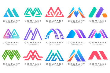 Set of letter M logo design vector. Collection of modern M letter design in colorful.