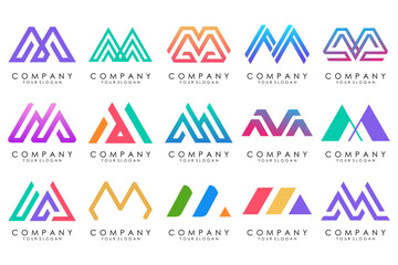 Set of letter M logo design vector. Collection of modern M letter design in colorful.