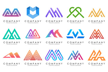 Set of letter M logo design vector. Collection of modern M letter design in colorful.
